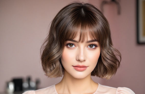 27 Bob Hairstyles with Fringe to Suit Every Look : Elegant Wavy Bob with Wispy Bangs