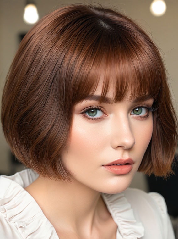 27 Bob Hairstyles with Fringe to Suit Every Look : Sleek Bob with Wispy Bangs