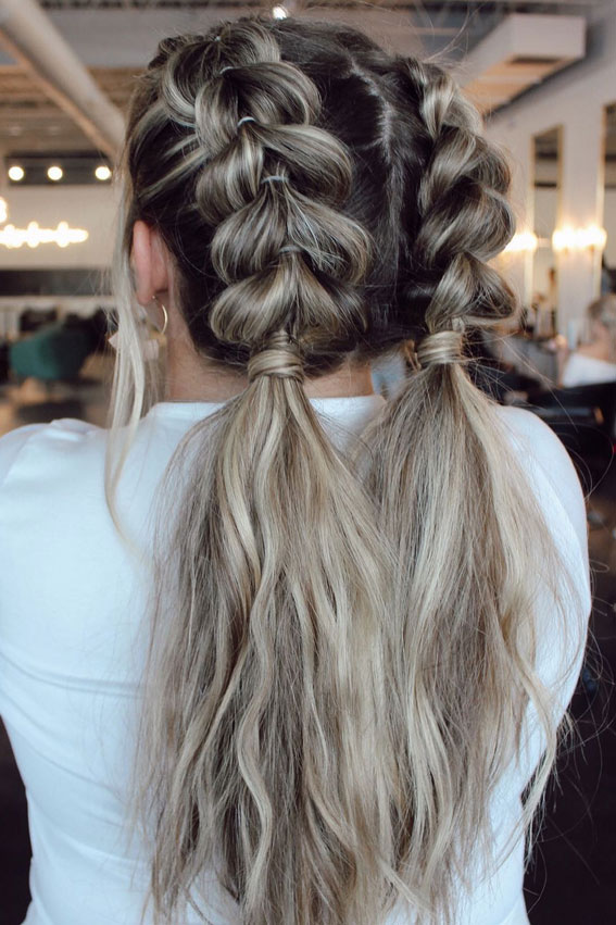 30 Trendy Braid Hairstyles Beyond the Basics : Pull Through Double Dutch Bubble Braids