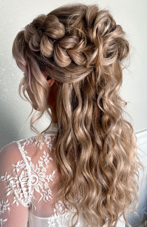 Romantic Halo Braid with Cascading Curls, boho braid hairstyle, trendy braid hairstyles, wedding braids, bridal braids