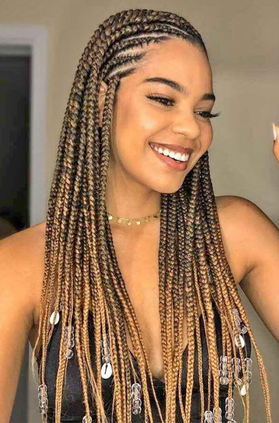 Caramel brown box braids, Golden Box Braids with Shell Charms, box braids, trendy braid hairstyles