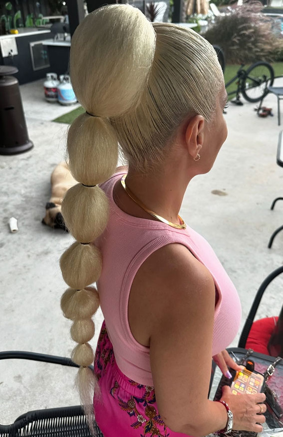 30 Trendy Braid Hairstyles Beyond the Basics : Platinum Blonde Chunky Bubble Ponytail