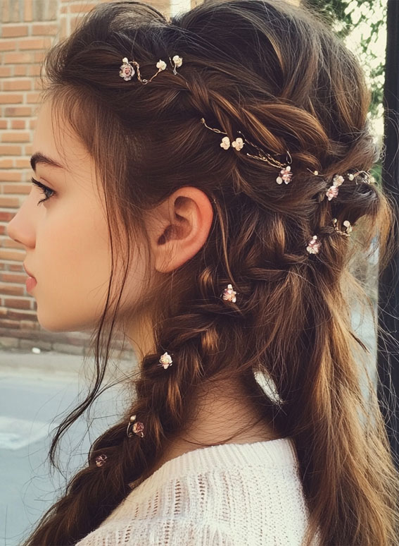 32 Effortless Hairstyles That Look Chic in Minutes : Twisted Braids with Floral Accents