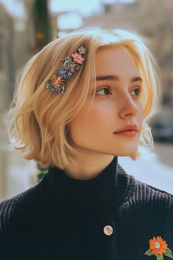 Blunt Blonde Bob with Colourful Clips, Blonde Bob with Whimsical Hair Accessories, bob hairstyle with hair clips, Effortless hairstyles for medium hair, Effortless hairstyles for long hair, Easy hairstyles to do yourself, Work hairstyles for medium hair, Work hairstyles for long hair