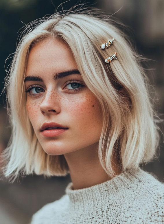 Blunt Platinum Bob with Minimalist Clips, Blunt Blonde Bob with Colourful Clips, Blonde Bob with Whimsical Hair Accessories, bob hairstyle with hair clips, Effortless hairstyles for medium hair, Effortless hairstyles for long hair, Easy hairstyles to do yourself, Work hairstyles for medium hair, Work hairstyles for long hair