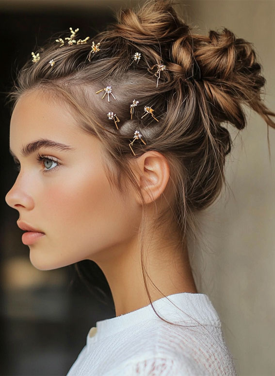 Double Buns with Flowery Hair Accents, Effortless hairstyles for medium hair, Effortless hairstyles for long hair, Easy hairstyles to do yourself, Work hairstyles for medium hair, Work hairstyles for long hair