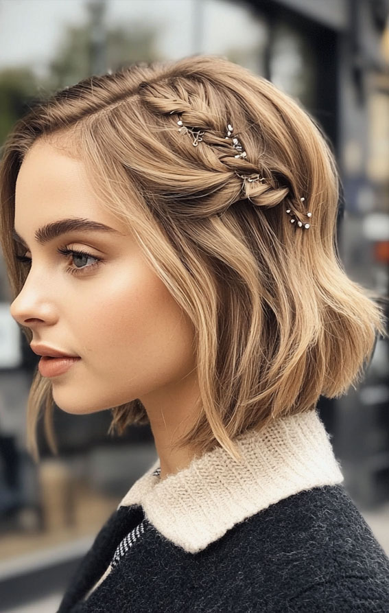 32 Effortless Hairstyles That Look Chic in Minutes : Braided Bob with Hair Accessories