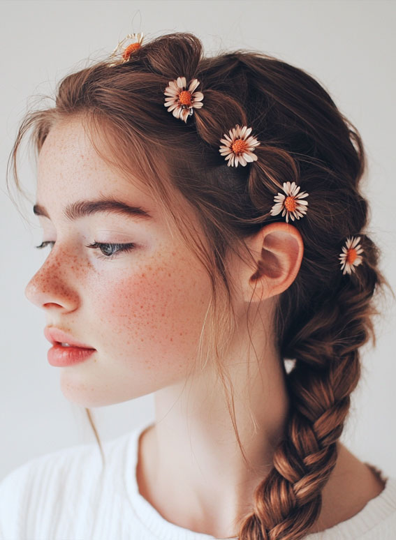 32 Effortless Hairstyles That Look Chic in Minutes : Braided Crown with Daisy Accents