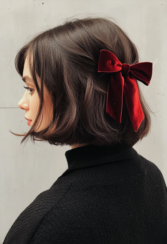 32 Effortless Hairstyles That Look Chic in Minutes : Classic Bob with a Velvet Red Bow