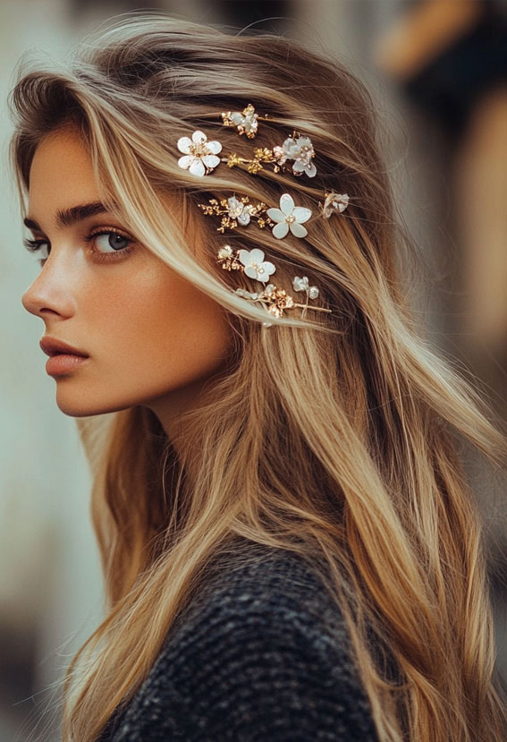 32 Effortless Hairstyles That Look Chic in Minutes : Long Layered Boho Style with Pearl Floral Pins