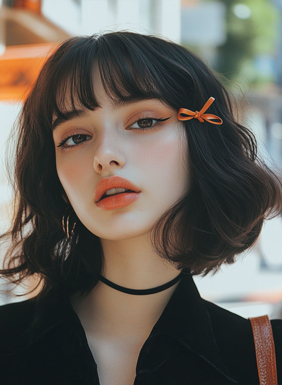 Soft Bob with a Tiny Orange Bow, bob hairstyle with hair clips, Effortless hairstyles for medium hair, Effortless hairstyles for long hair, Easy hairstyles to do yourself, Work hairstyles for medium hair, Work hairstyles for long hair