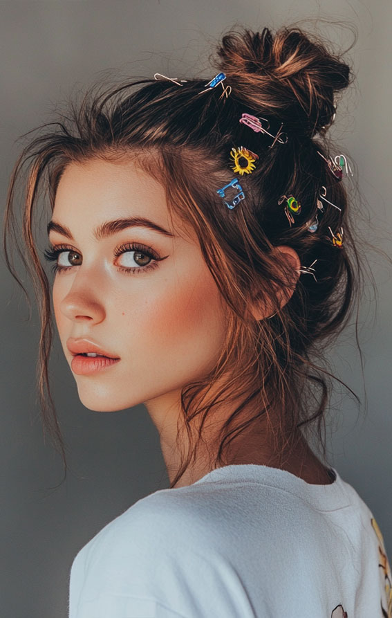 Playful Top Knot with Colourful Clips, Messy Top Knot with hair accessories, easy updo hairstyle, messy bun, Effortless hairstyles for medium hair, Effortless hairstyles for long hair, Easy hairstyles to do yourself, Work hairstyles for medium hair, Work hairstyles for long hair