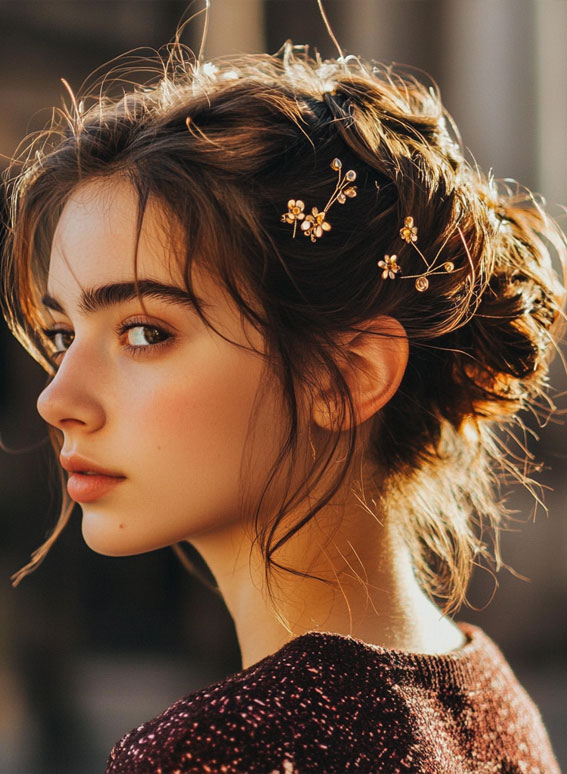 32 Effortless Hairstyles That Look Chic in Minutes : Romantic Messy Updo with Golden Pins