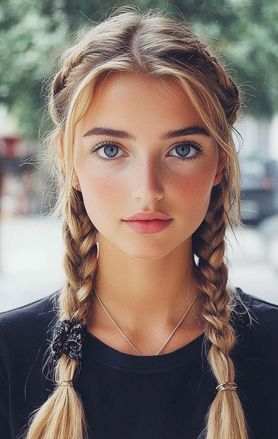 32 Effortless Hairstyles That Look Chic in Minutes : Classic Dutch Braids with Soft Tendrils