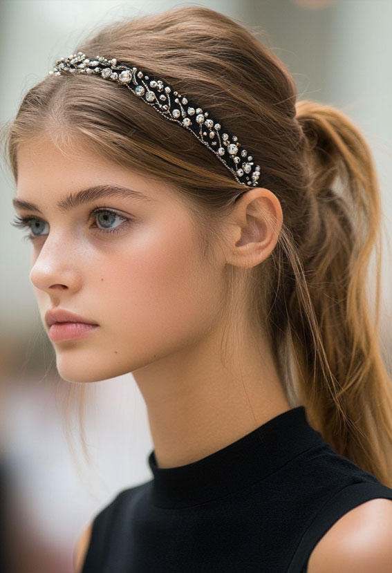 32 Effortless Hairstyles That Look Chic in Minutes : Simple Ponytail with Embellished Headband