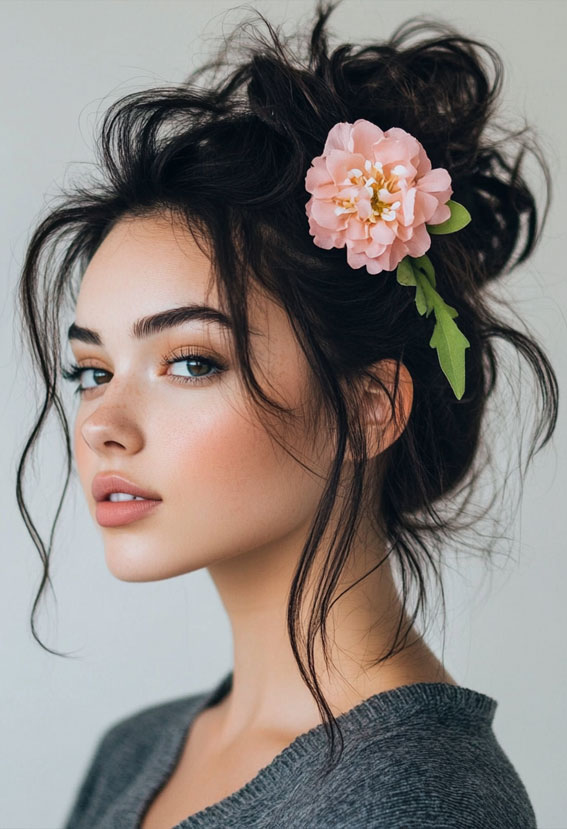 32 Effortless Hairstyles That Look Chic in Minutes : Messy Updo with Pink Floral Flair