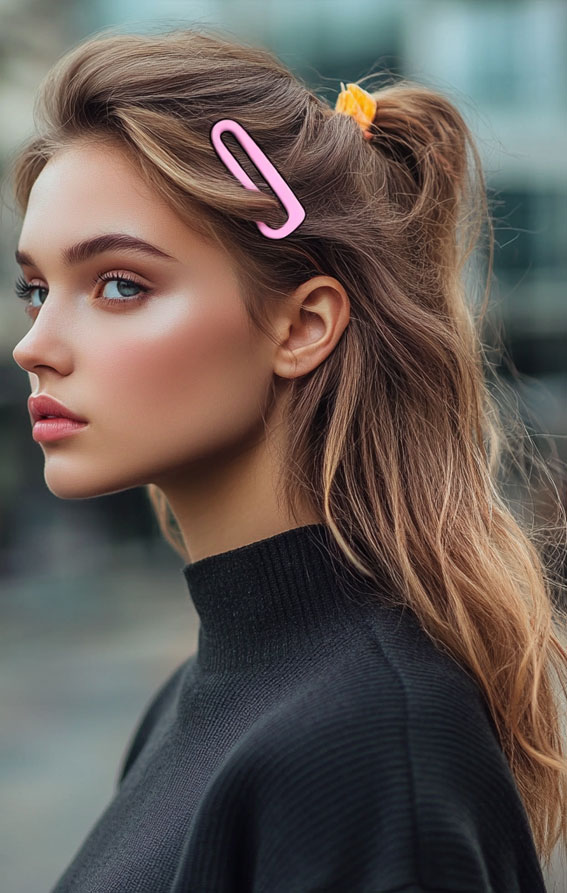 Effortless Half-Up Waves with Playful Clips, half up half down hairstyle with hair clips, Effortless hairstyles for medium hair, Effortless hairstyles for long hair, Easy hairstyles to do yourself, Work hairstyles for medium hair, Work hairstyles for long hair