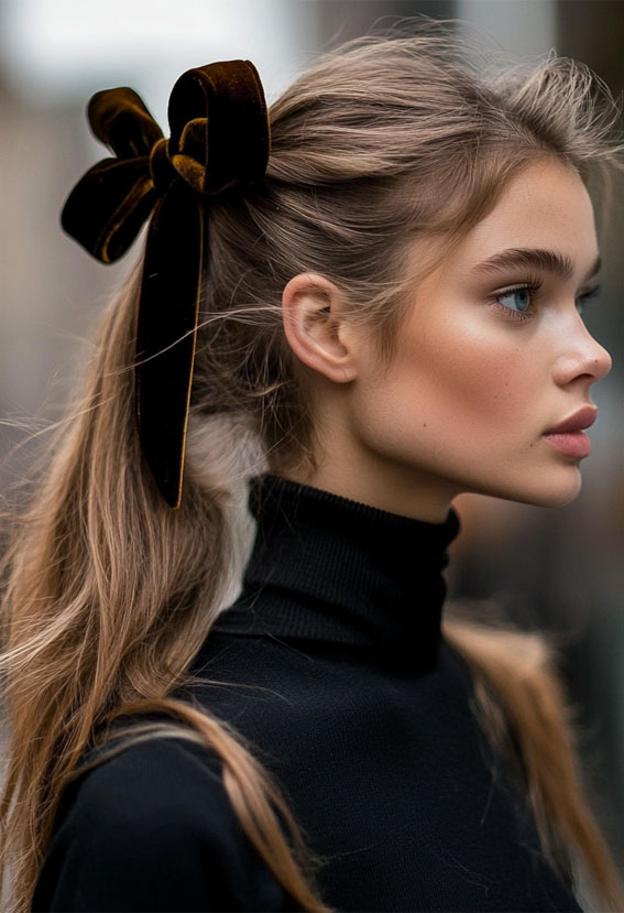 Velvet Bow Ponytail with Soft Volume, Simple Ponytail with a velvet bow, Effortless hairstyles for medium hair, Effortless hairstyles for long hair, Easy hairstyles to do yourself, Work hairstyles for medium hair, Work hairstyles for long hair