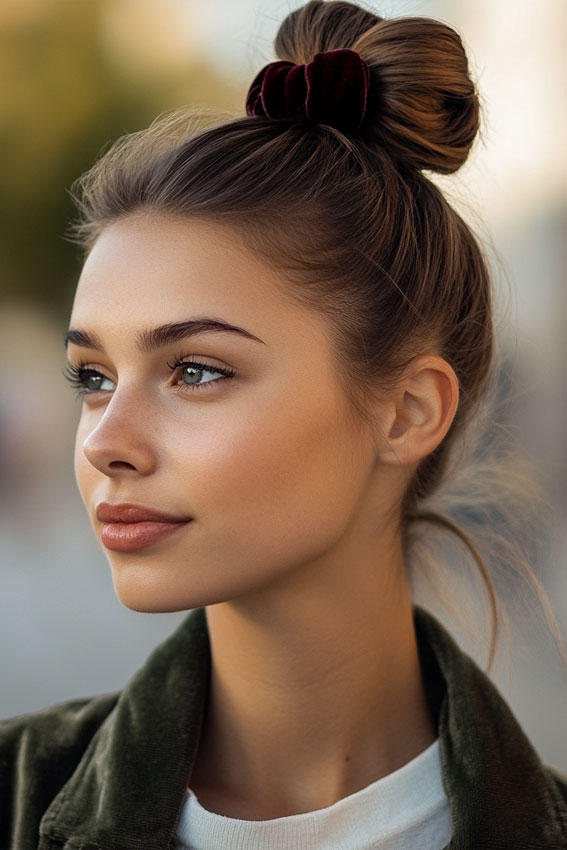 32 Effortless Hairstyles That Look Chic in Minutes : Polished High Bun with Velvet Bow