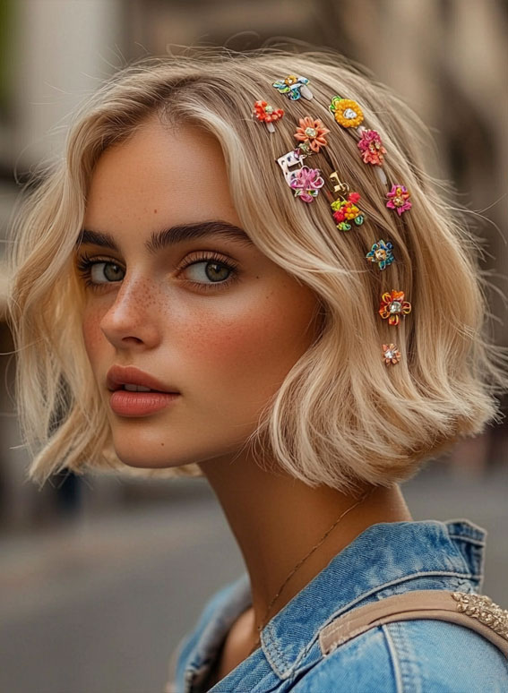 32 Effortless Hairstyles That Look Chic in Minutes : Blonde Bob with Whimsical Hair Accessories