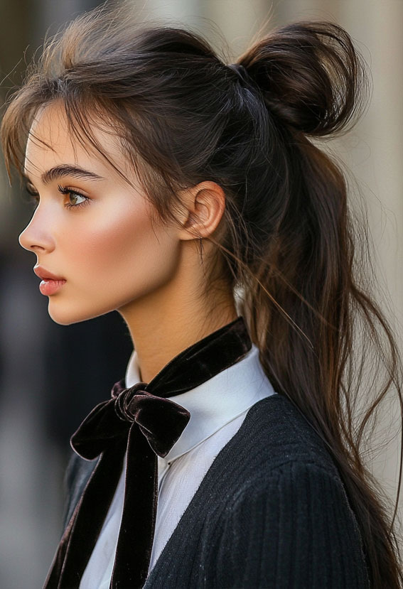 32 Effortless Hairstyles That Look Chic in Minutes : Textured Half-Up Bun with Ponytail