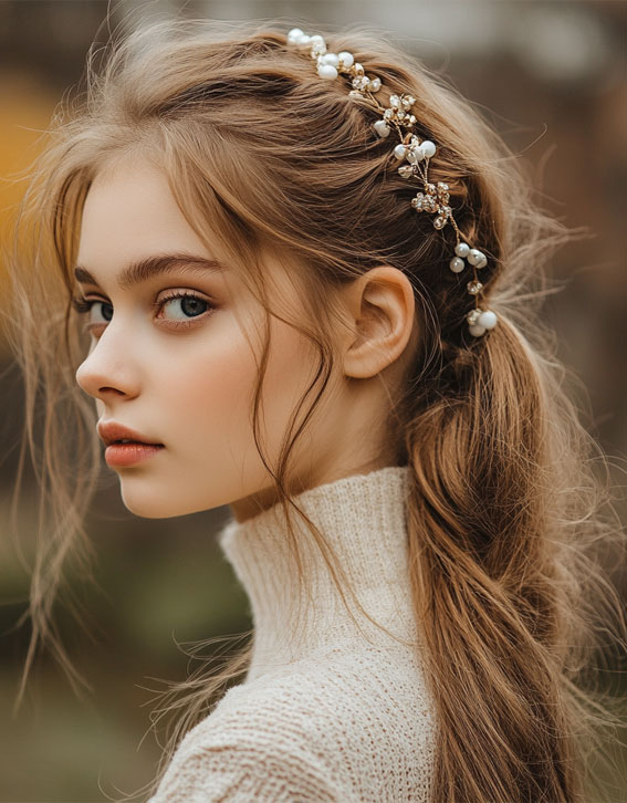 Romantic Low Pony with Pearl Details, Effortless hairstyles for medium hair, Effortless hairstyles for long hair, Easy hairstyles to do yourself, Work hairstyles for medium hair, Work hairstyles for long hair