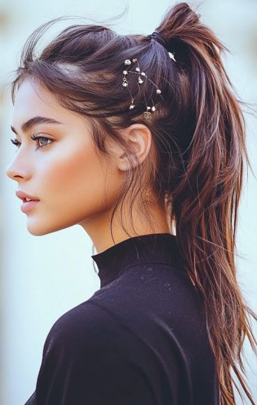 Effortless Hairstyles That Look Chic In Minutes High Ponytail With Celestial Hair Pins