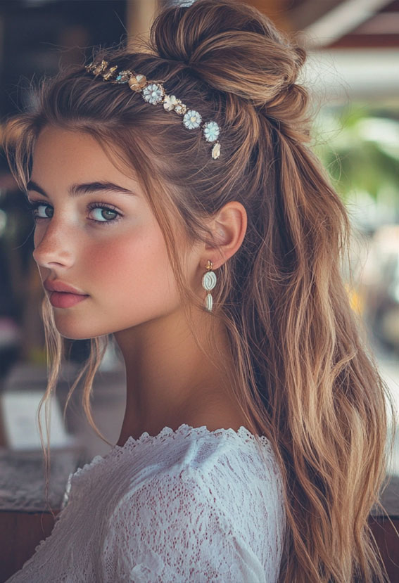 32 Effortless Hairstyles That Look Chic in Minutes : Boho Half-Up Bun with Floral Headpiece