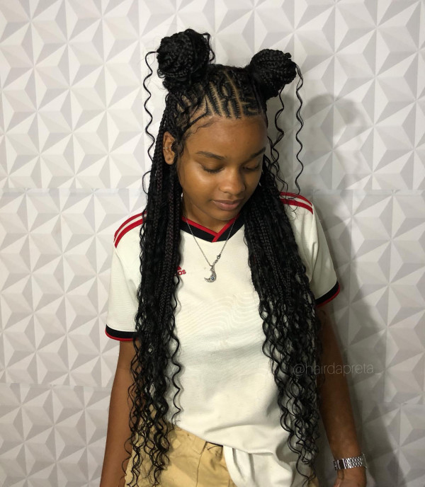 20 Modern Fulani Braids With Curls To Rock Right Now : Double Bun Fulani Vibes