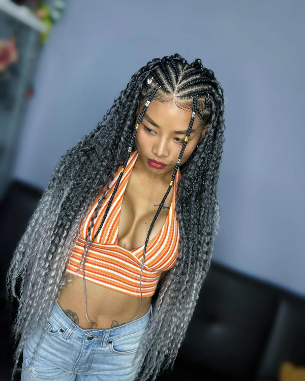 20 Modern Fulani Braids With Curls To Rock Right Now : Fulani Braids with Silver Ombre Curls