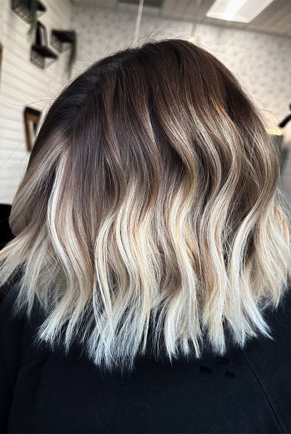 30 High Contrast Balayage Ideas For a Dimensional Look : Blunt Bob with Blonde on Rich Brunette