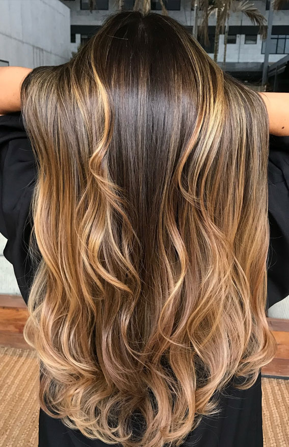 30 High Contrast Balayage Ideas For a Dimensional Look : Golden Brown Cascades