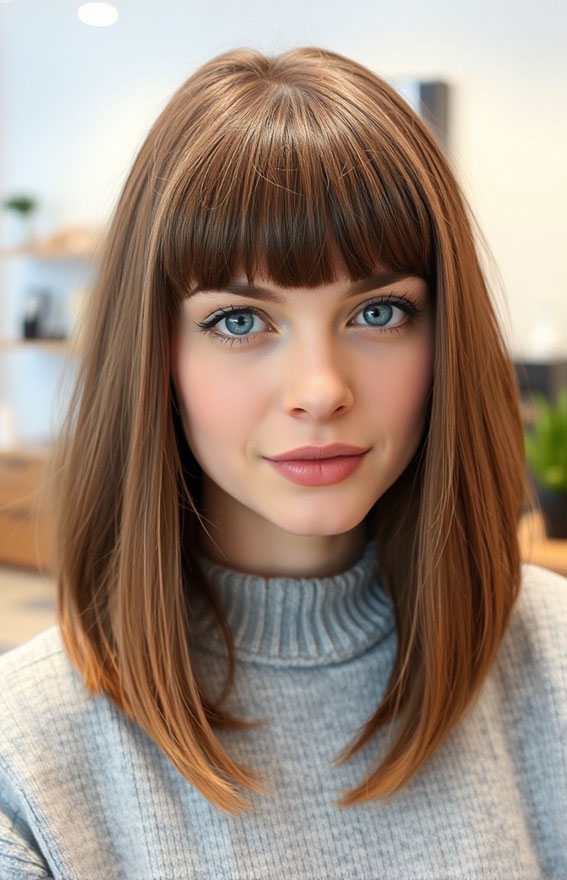 35 Hot Mocha Mousse Hair Colour Ideas : Modern Mocha Long Bob with Bangs