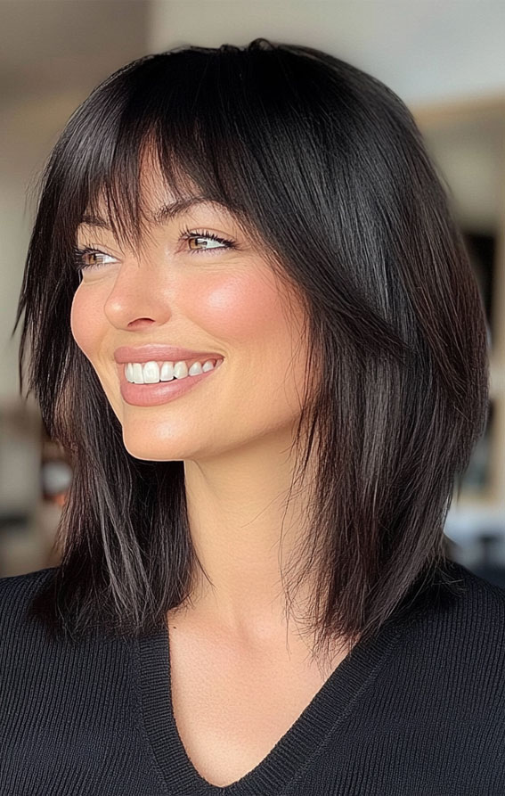 37 Trendy Shoulder Length Bob Hairstyles : Dark Hair Wispy Bob with Soft Bangs