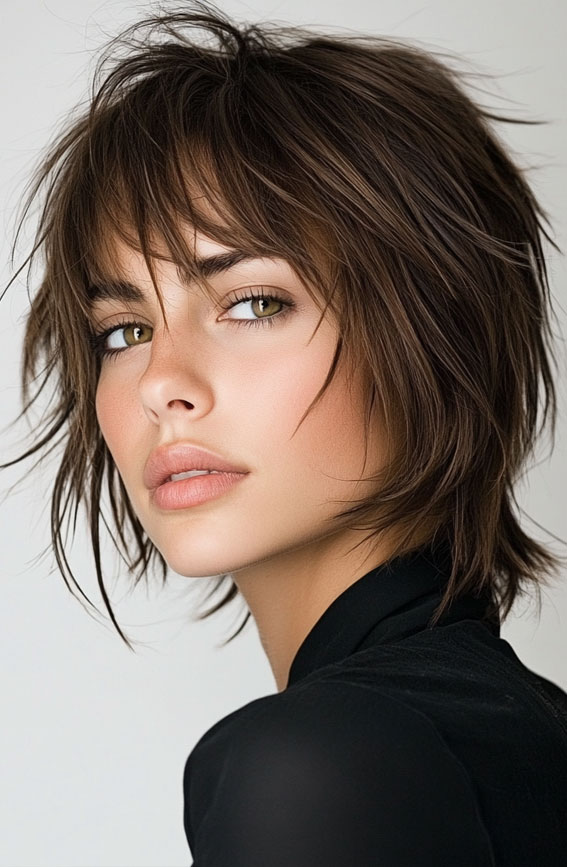 Chic Short Ash Brown Highlights, wolf haircut, Wolf haircut Women short, Wolf haircut women, Wolf haircut female, Wolf haircut long hair, Wolf haircut straight hair, Short wolf haircut