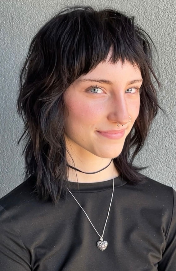 30 Bold and Stylish Wolf Haircut Ideas : Shaggy Wolf Cut with Micro Bangs