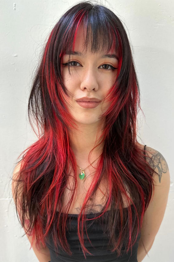 Fiery Red and Black Wolf Cut, Wolf haircut Women short, Wolf haircut women, Wolf haircut female, Wolf haircut long hair, Wolf haircut straight hair, Short wolf haircut