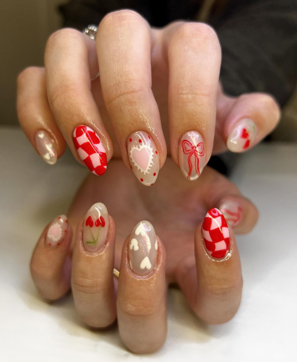 Cute Mix n Match Pink and Red Valentine’s Day Nails