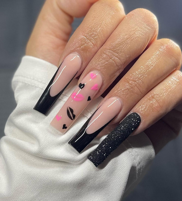 Edgy Black French Tip Valentine’s Day Nails with Pink Hearts & Lip Prints