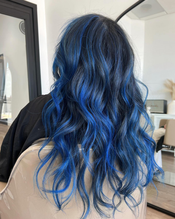 Electric Blue Waves on Midnight Black, hair colour highlights, hair colour highlights on brown hair, hair colour