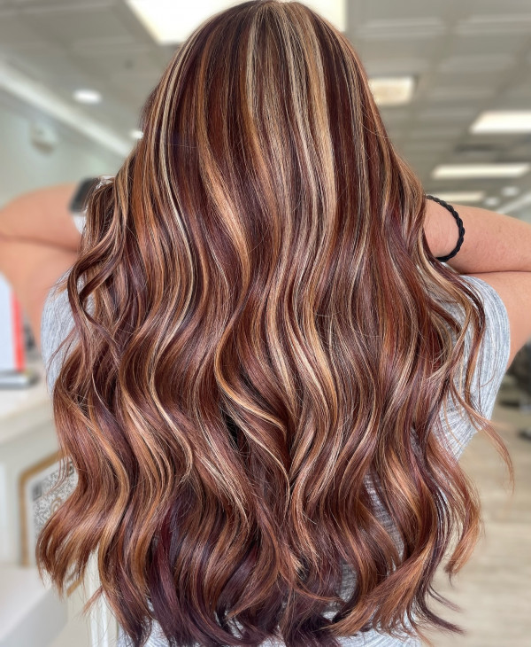 Radiant Burgundy Waves with Blonde Highlights, hair colour highlights, hair colour highlights on brown hair, hair colour