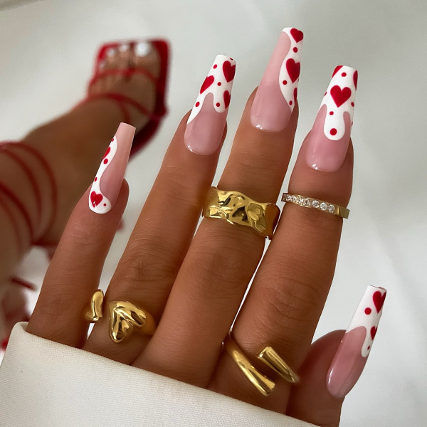 Melting Hearts Acrylic Coffin-Shaped Valentine’s Day Nails