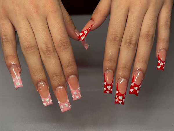 36 Cute Valentine’s Day Nails : Two-Tone Heart French Tips