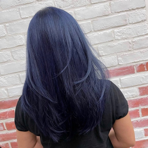 27 Stunning Dark Blue Hair Colour Ideas : Long Sleek Midnight Layers