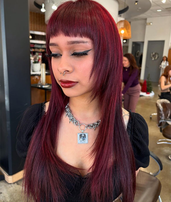 41 Red Hair Colours You’ll Adore: Plum Wine Straight Cut with Micro Fringe