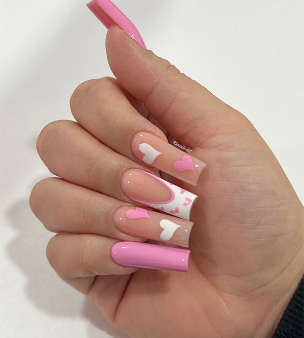 36 Cute Valentine’s Day Nails : Pink and White Heart-Themed Nails Acrylic