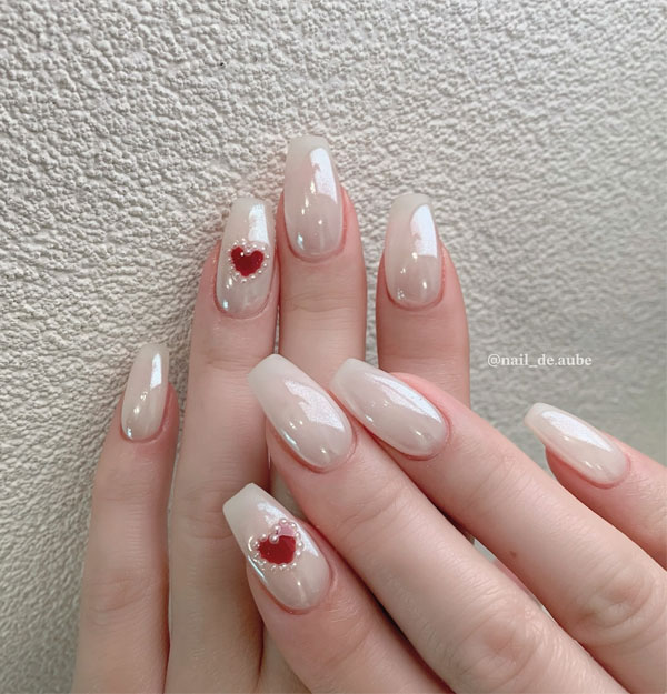 Minimalist Pearlescent Nails with a Red Heart, Valentine's nail art, Valentines nails, Valentine's day nails