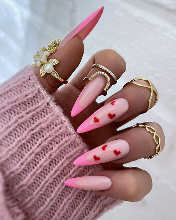 Pink French Tip Stiletto Nails with Pink Hearts, valentine's day nails, valentines nails