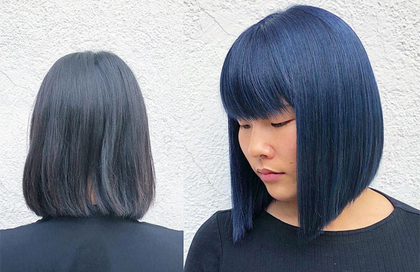 Edgy Blue A-Line Bob with Fringe, a-line bob with bangs, Dark Blue Hair Colour , Dark Blue Hair Colour Ideas, dark blue hair