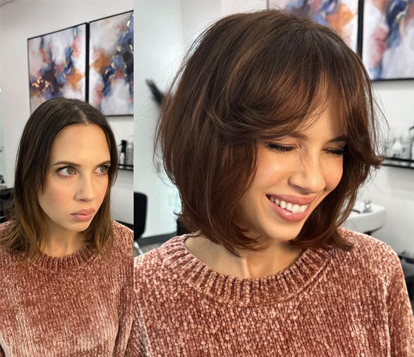 23 French Hairstyles for Effortless Chic Style : Layered French Bob with Curtain Bangs